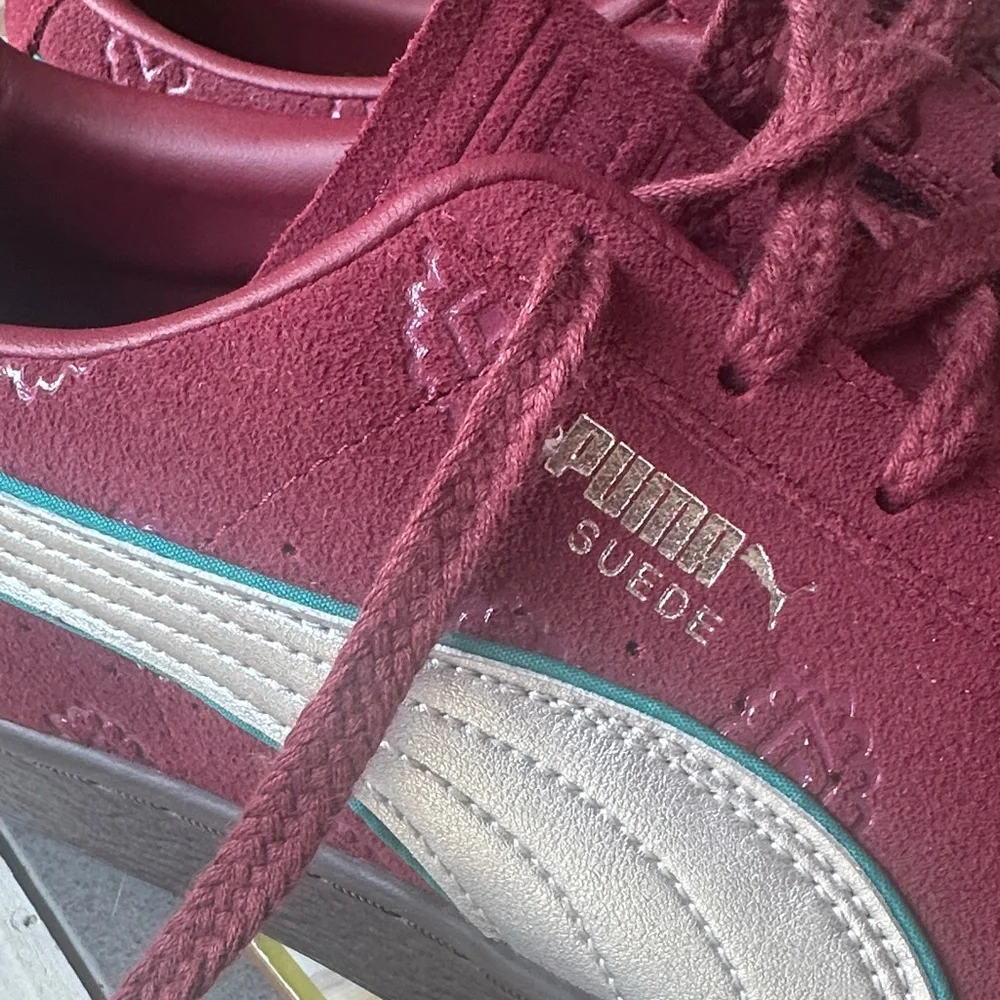 Mens PUMA x One Piece Suede Shanks Athletic Shoe - Regal Red / Future Pink - Picture 2 of 5